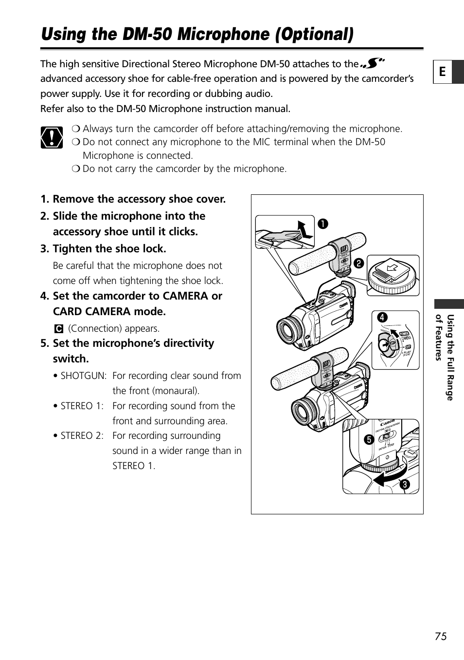 Using the dm-50 microphone (optional) | Canon OPTURA10 User Manual | Page 75 / 163