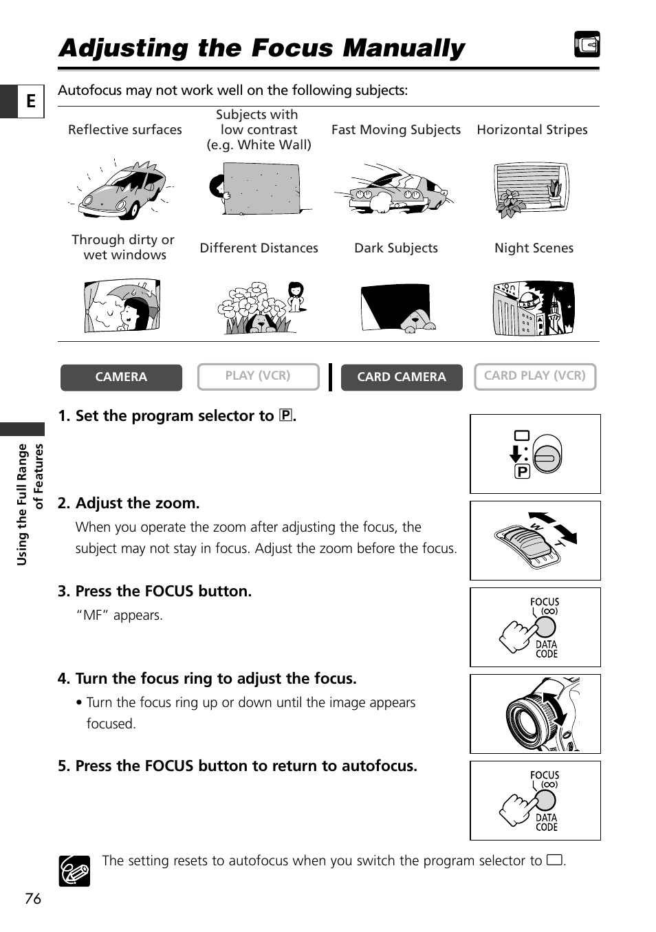 Adjusting the focus manually | Canon OPTURA10 User Manual | Page 76 / 163