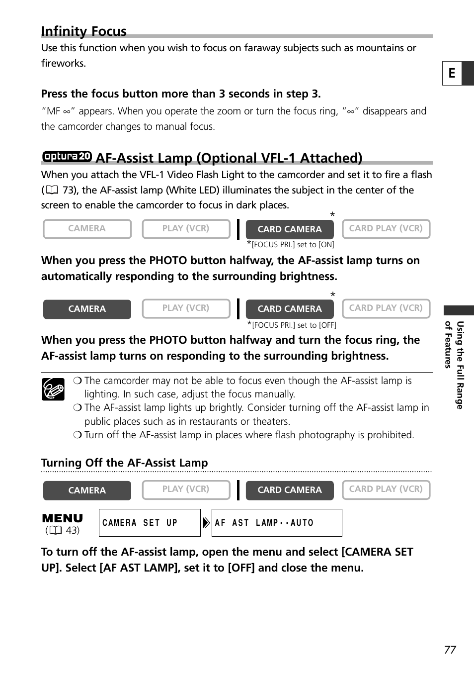 Einfinity focus, Af-assist lamp (optional vfl-1 attached) | Canon OPTURA10 User Manual | Page 77 / 163