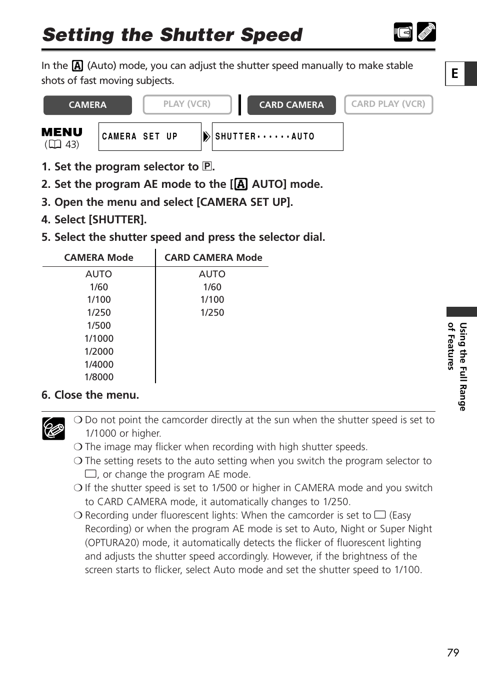 Setting the shutter speed | Canon OPTURA10 User Manual | Page 79 / 163
