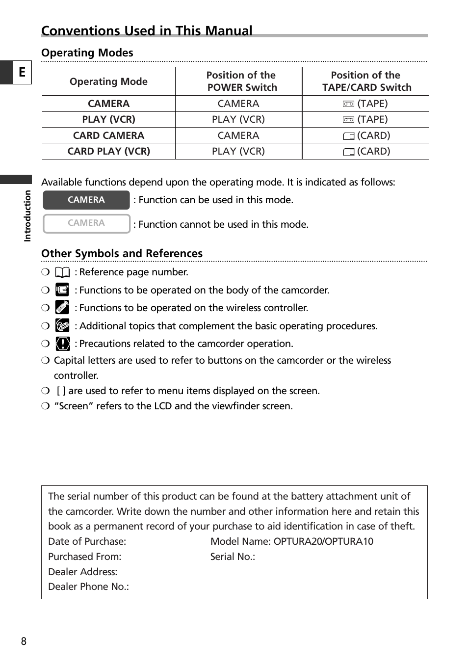 Conventions used in this manual | Canon OPTURA10 User Manual | Page 8 / 163