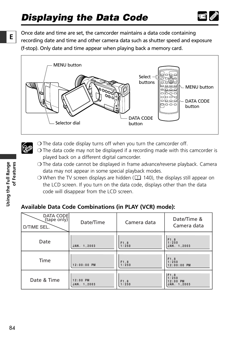 Displaying the data code | Canon OPTURA10 User Manual | Page 84 / 163