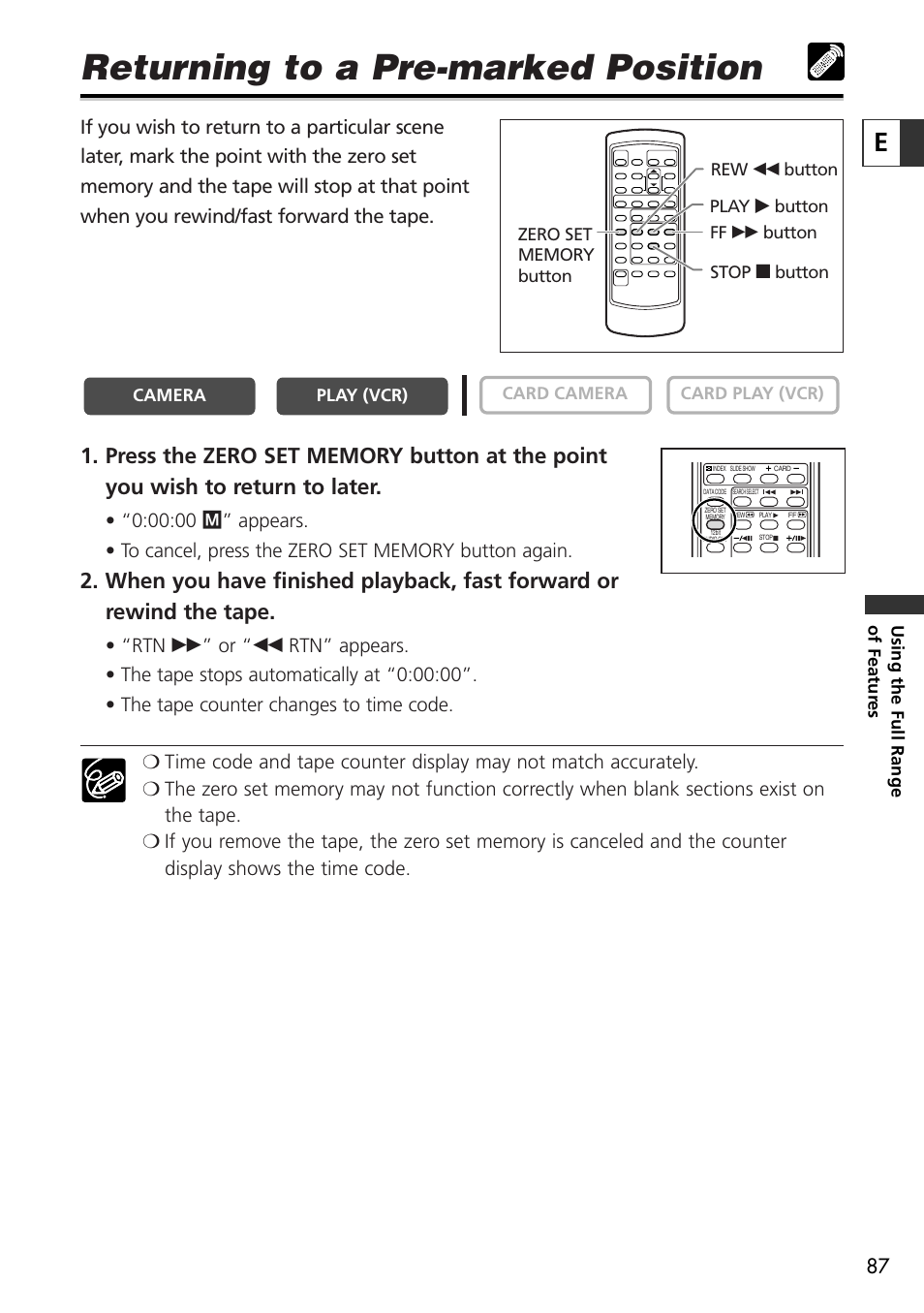 Returning to a pre-marked position | Canon OPTURA10 User Manual | Page 87 / 163