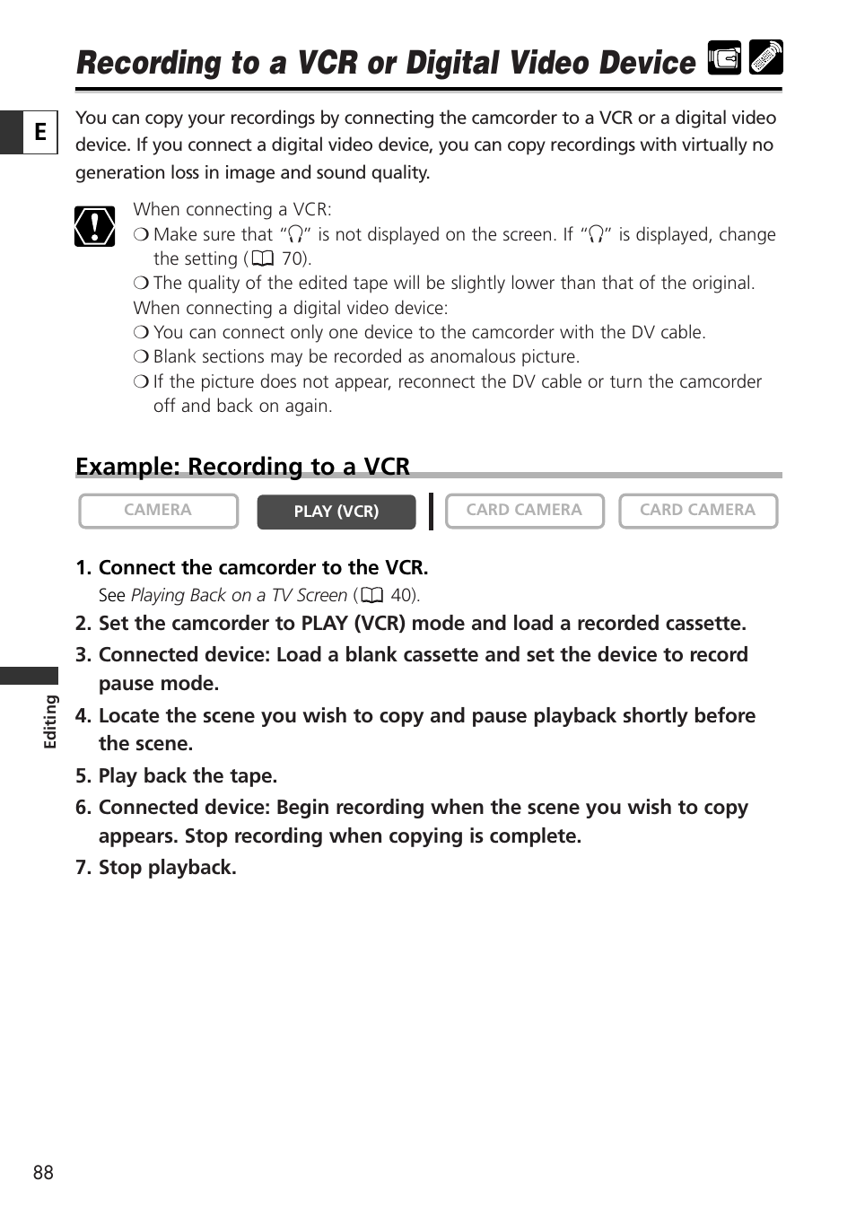 Recording to a vcr or digital video device, Example: recording to a vcr | Canon OPTURA10 User Manual | Page 88 / 163