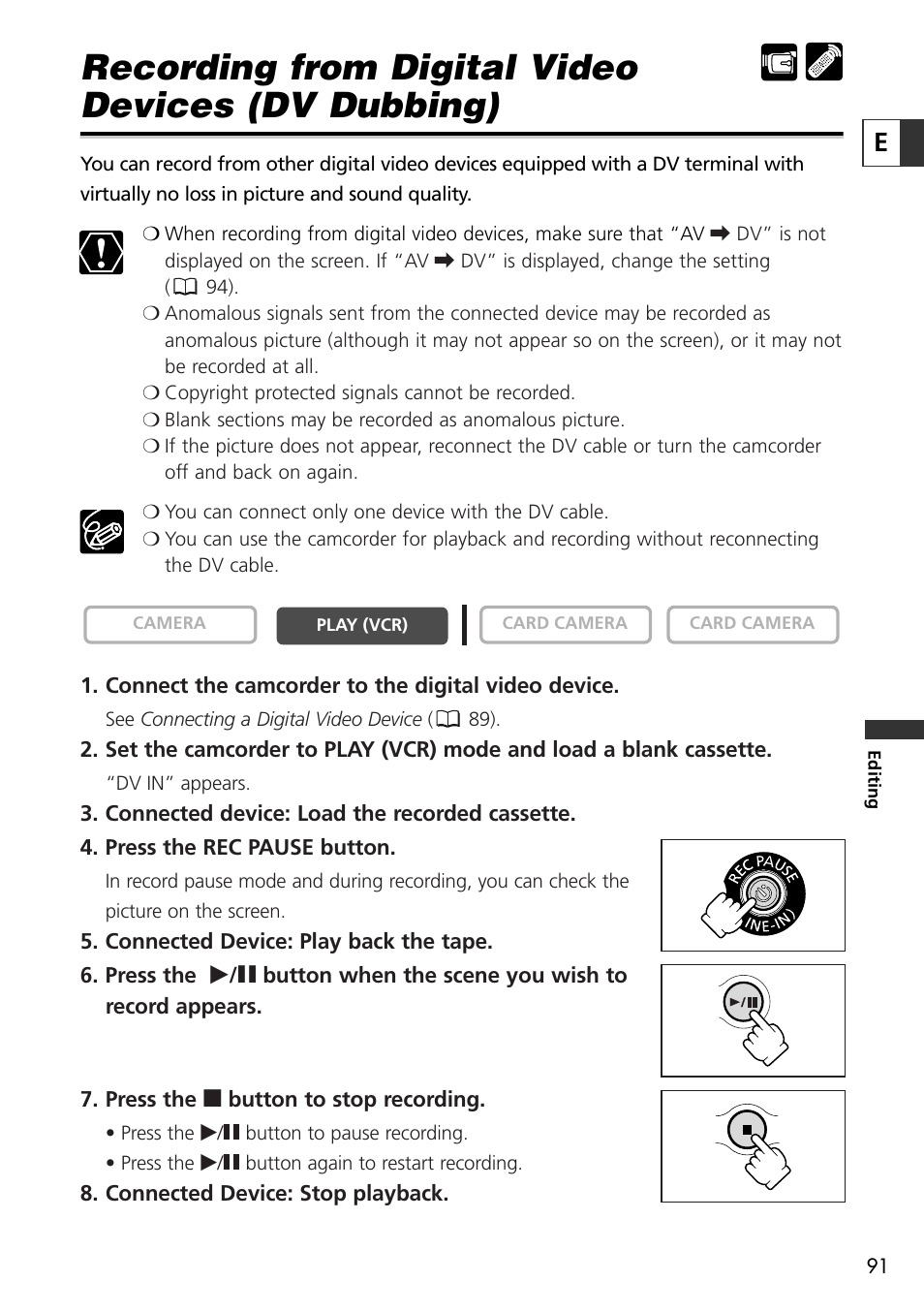 Recording from digital video devices (dv dubbing) | Canon OPTURA10 User Manual | Page 91 / 163