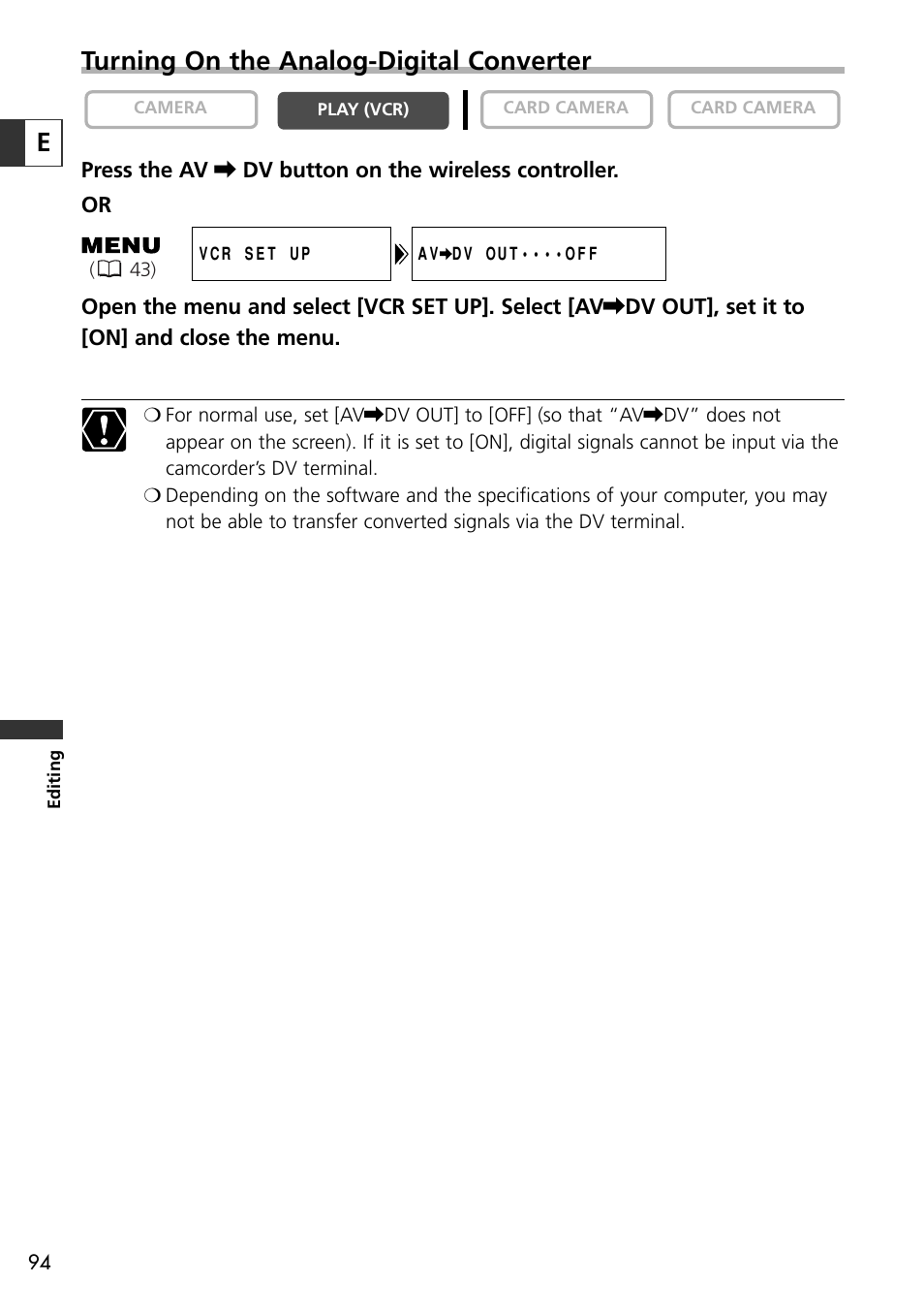 Turning on the analog-digital converter | Canon OPTURA10 User Manual | Page 94 / 163