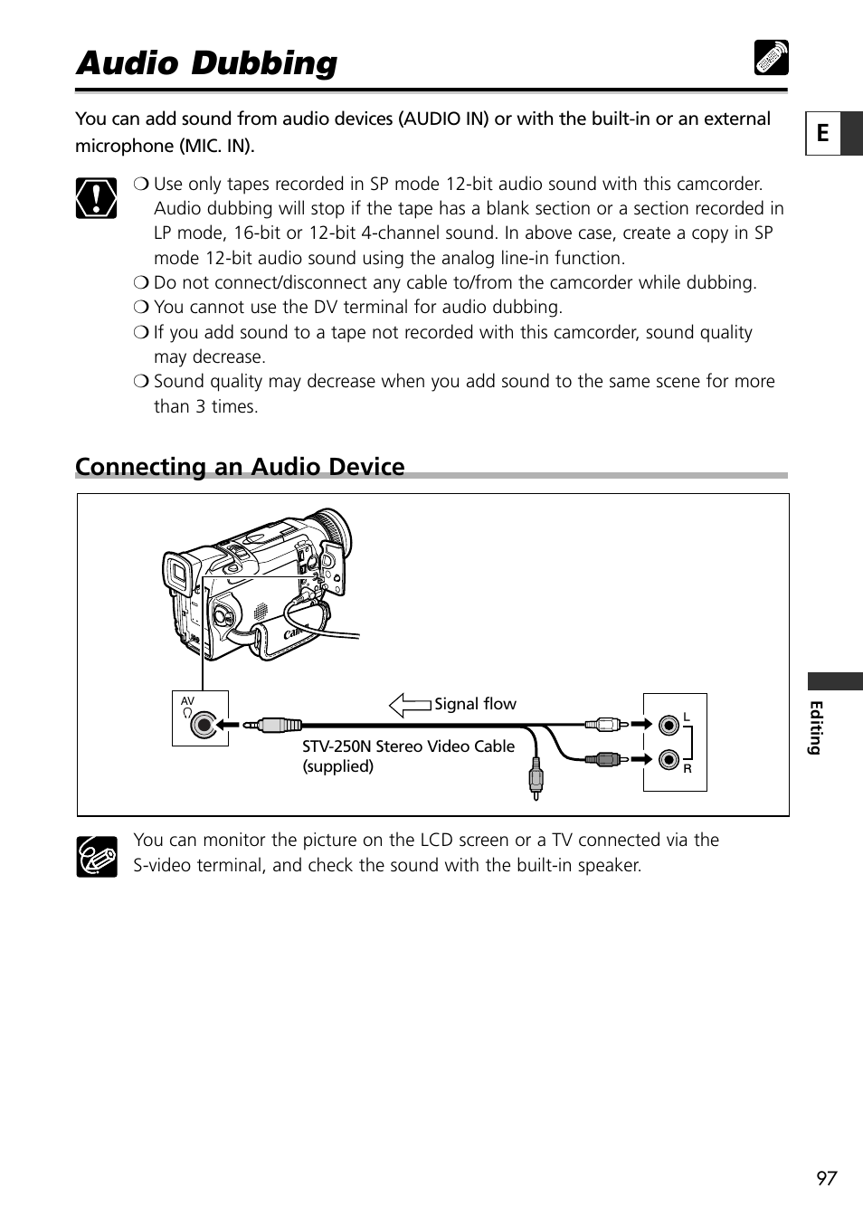 Audio dubbing, Connecting an audio device | Canon OPTURA10 User Manual | Page 97 / 163
