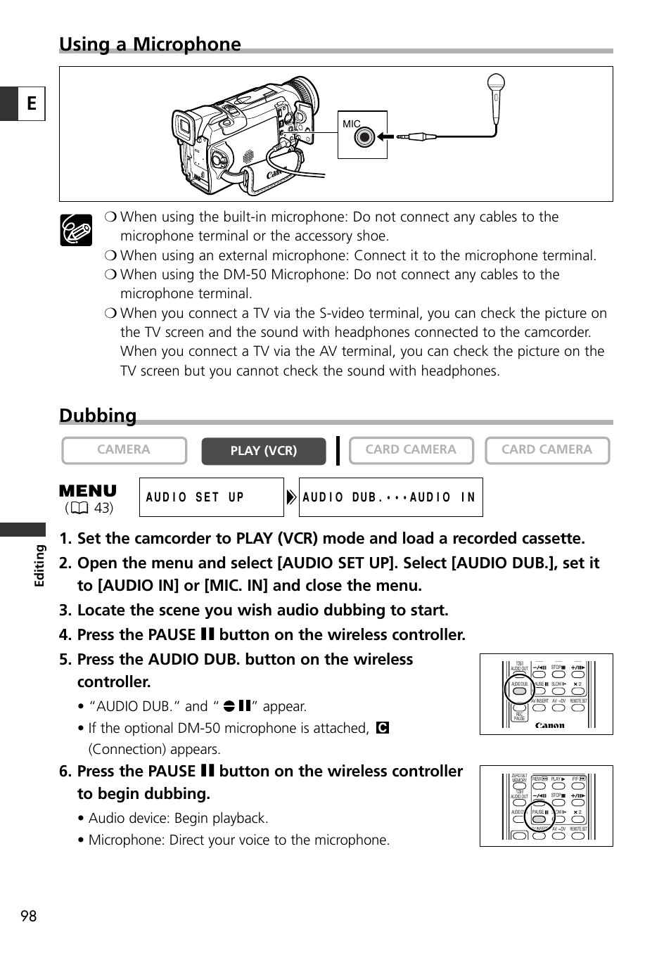 Eusing a microphone, Dubbing | Canon OPTURA10 User Manual | Page 98 / 163
