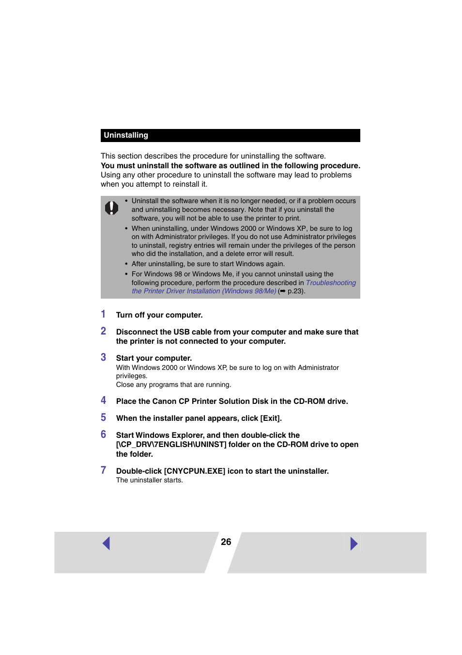Uninstalling | Canon CP 220 User Manual | Page 26 / 54