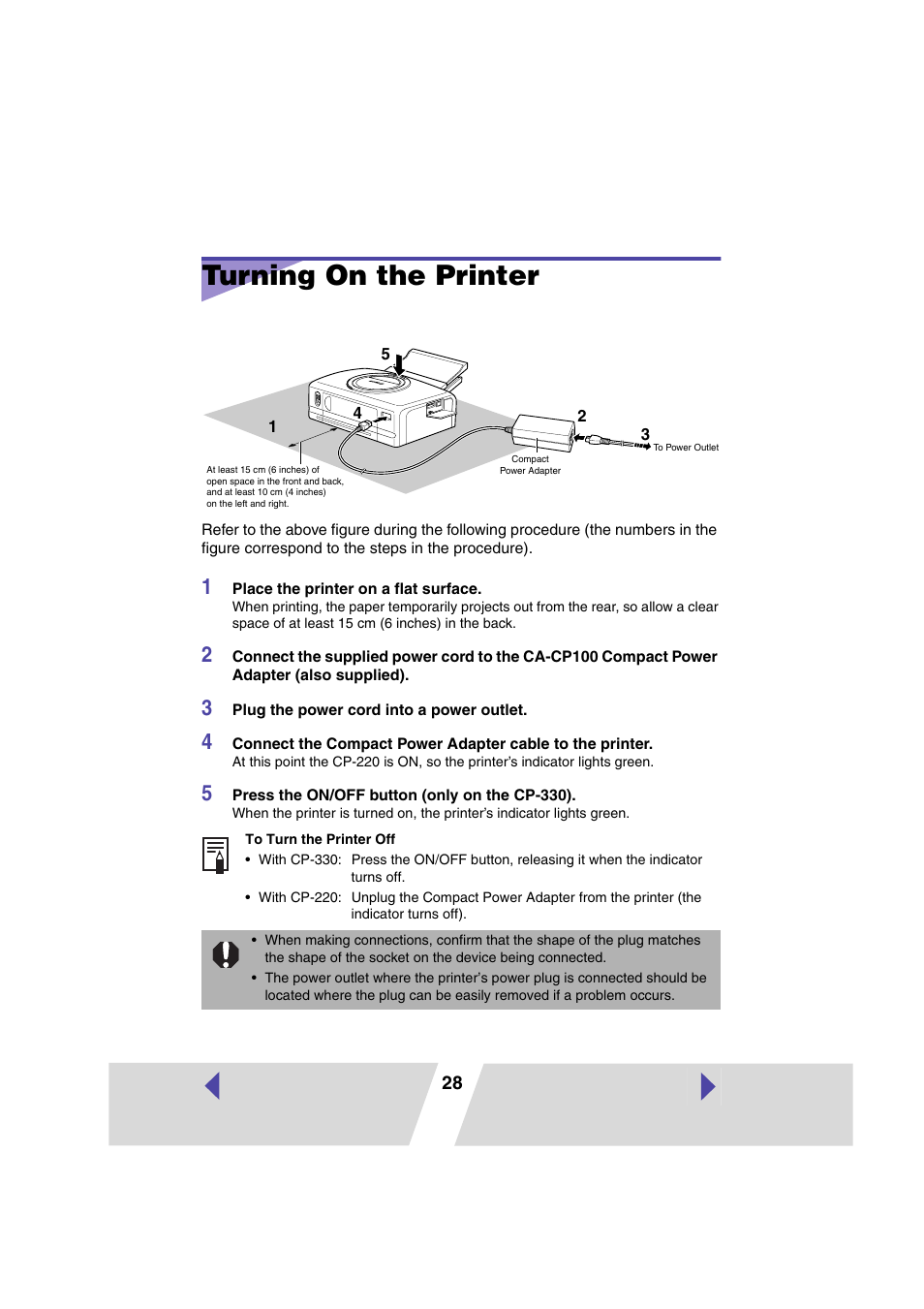 Turning on the printer | Canon CP 220 User Manual | Page 28 / 54