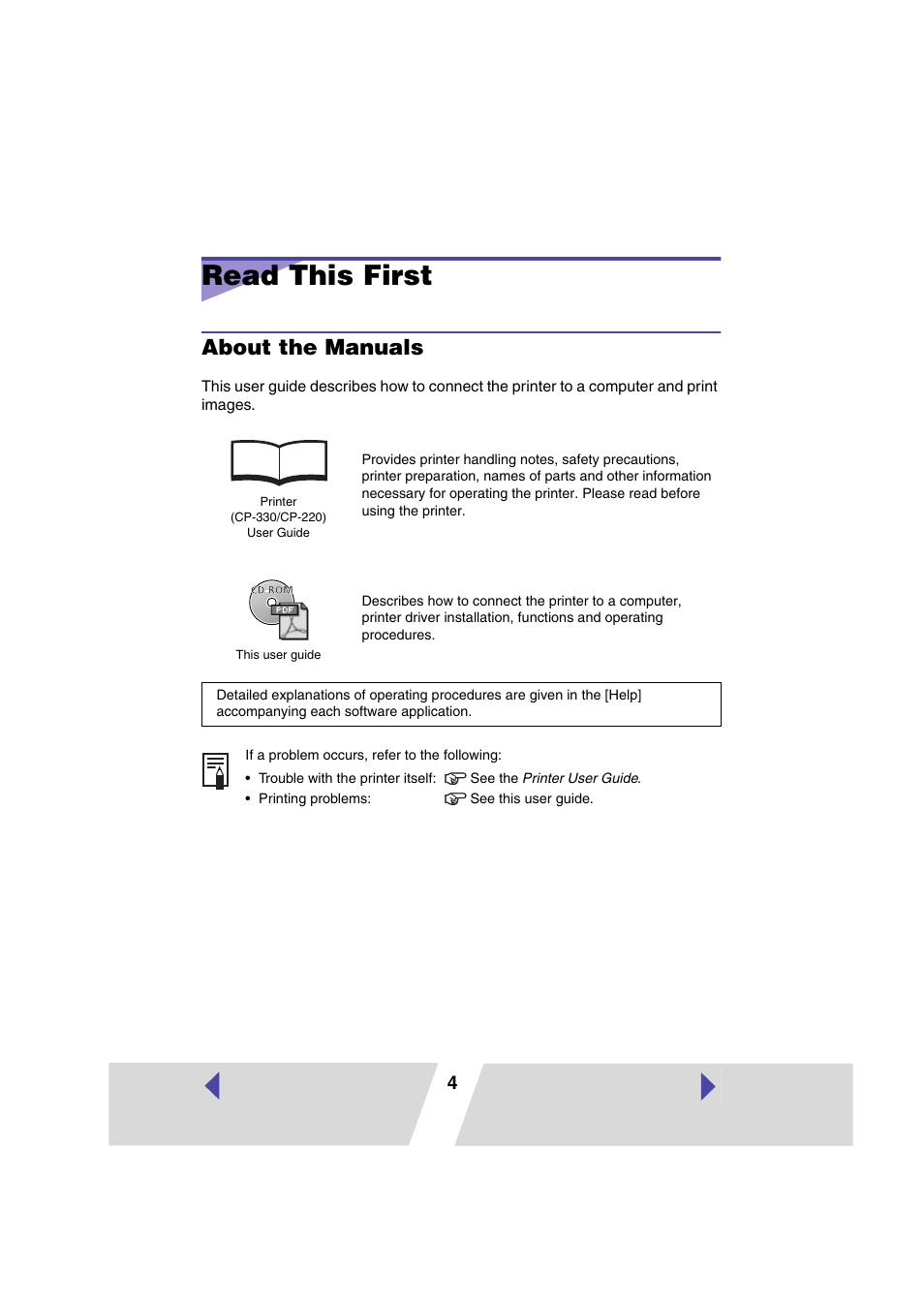 Read this first, About the manuals | Canon CP 220 User Manual | Page 4 / 54