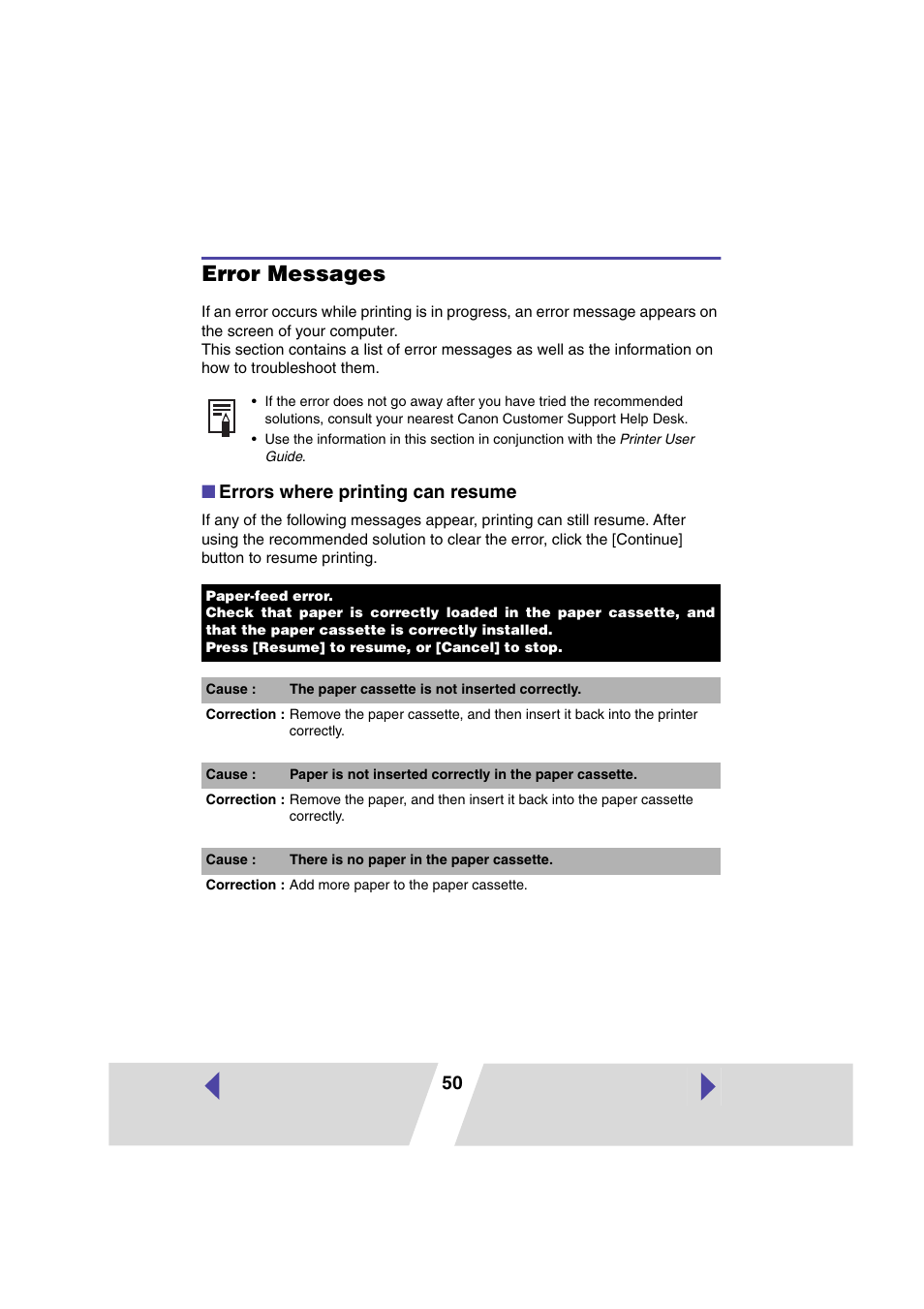 Error messages, Errors where printing can resume | Canon CP 220 User Manual | Page 50 / 54