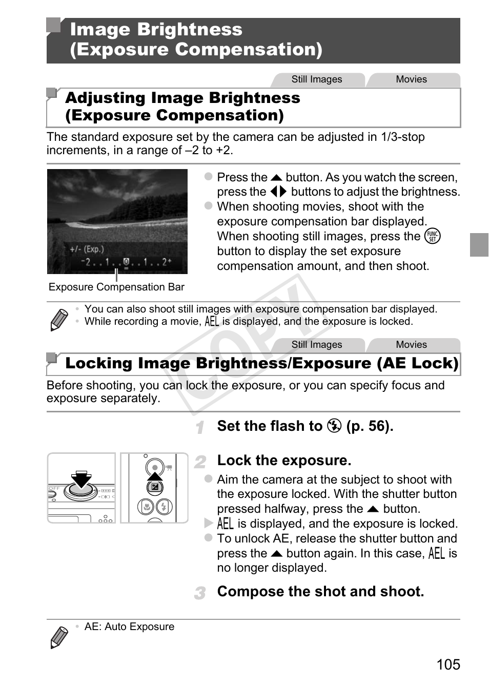 Pp. 105 – 123, Cop y, Image brightness (exposure compensation) | Canon 500 HS User Manual | Page 104 / 217
