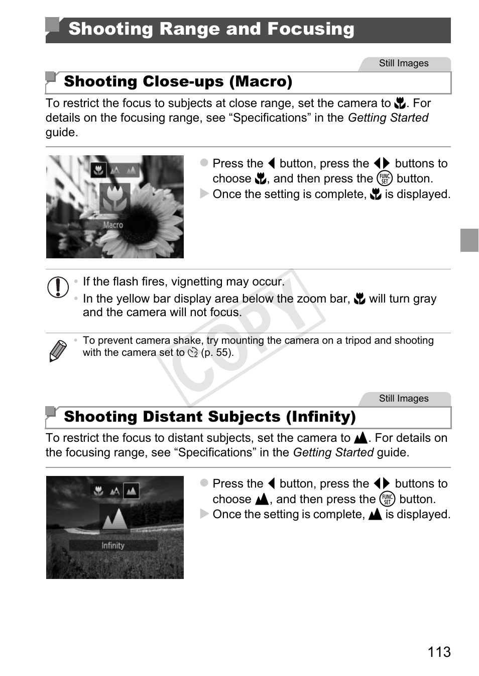 C op y, Shooting range and focusing | Canon 500 HS User Manual | Page 112 / 217