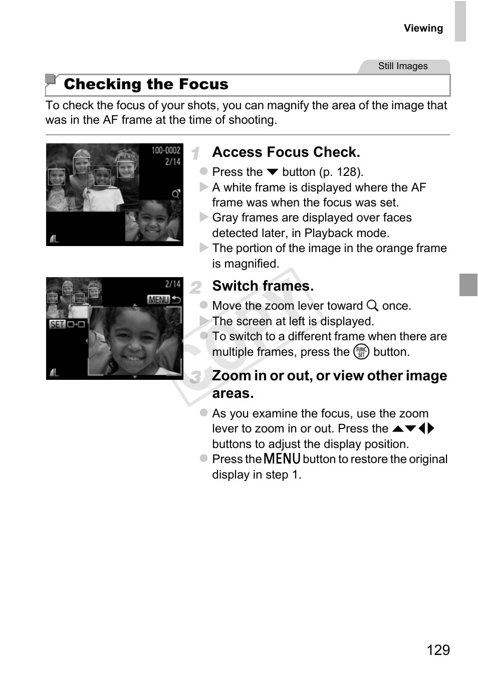 Checking the focus” (p. 129), Cop y | Canon 500 HS User Manual | Page 128 / 217