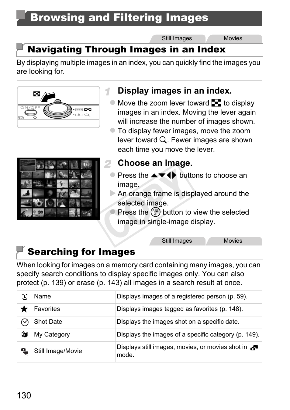 P. 130), Search (p. 130, Cop y | Browsing and filtering images | Canon 500 HS User Manual | Page 129 / 217