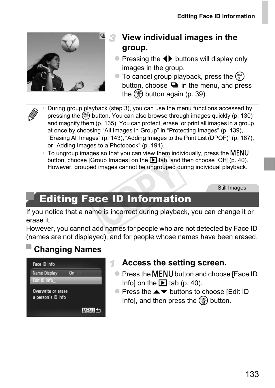 P. 133), Info edited (p. 133), be tagge, P. 133) first | Cop y, Editing face id information | Canon 500 HS User Manual | Page 132 / 217