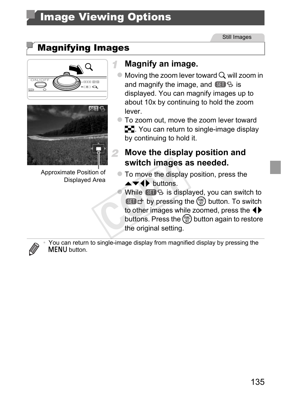 Magnifying images” (p. 135), And magnify them (p. 135). you, Cop y | Image viewing options | Canon 500 HS User Manual | Page 134 / 217