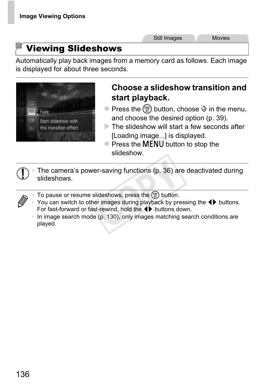 Viewing slideshows” (p. 136), and, C op y | Canon 500 HS User Manual | Page 135 / 217