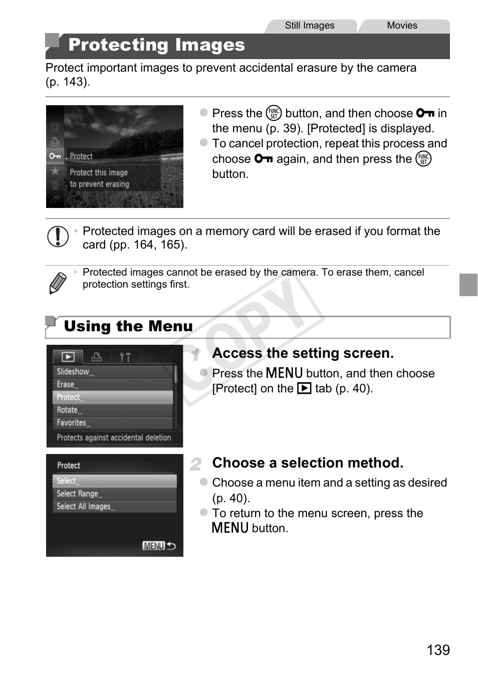 Otected (p. 139), P. 139) a group, P. 139 | In “protecting images” (p. 139), Protecting images” (p. 139), Cop y | Canon 500 HS User Manual | Page 138 / 217
