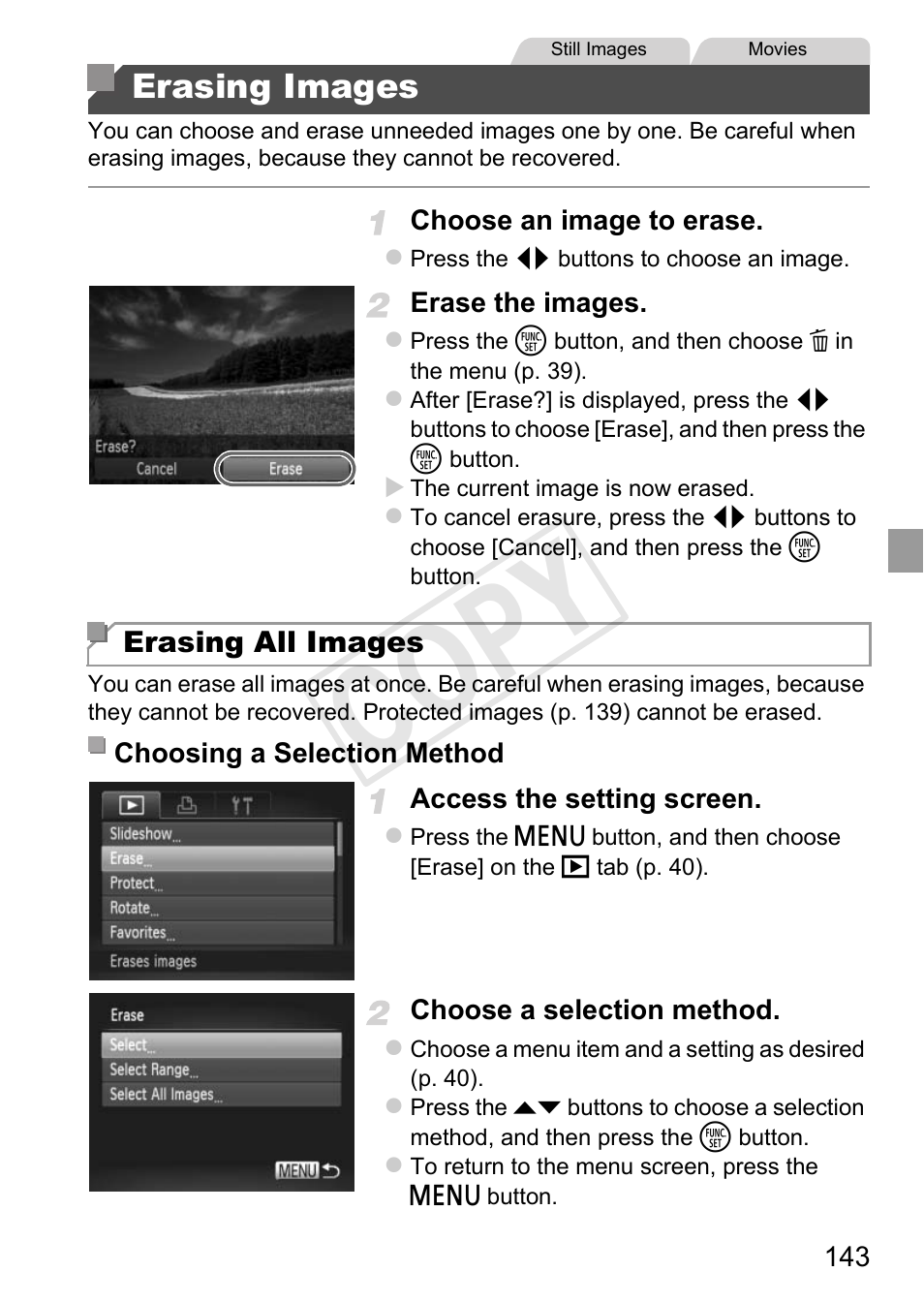 P. 143, Erasing all images” (p. 143), Erasing all images” (p. 143), “addin | Cop y, Erasing images | Canon 500 HS User Manual | Page 142 / 217
