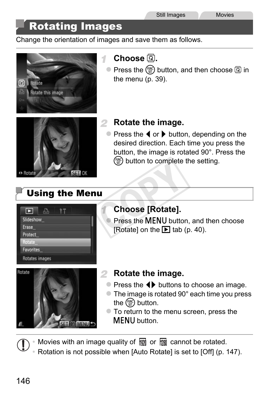 P. 146 – 156, Cop y, Rotating images | Canon 500 HS User Manual | Page 145 / 217