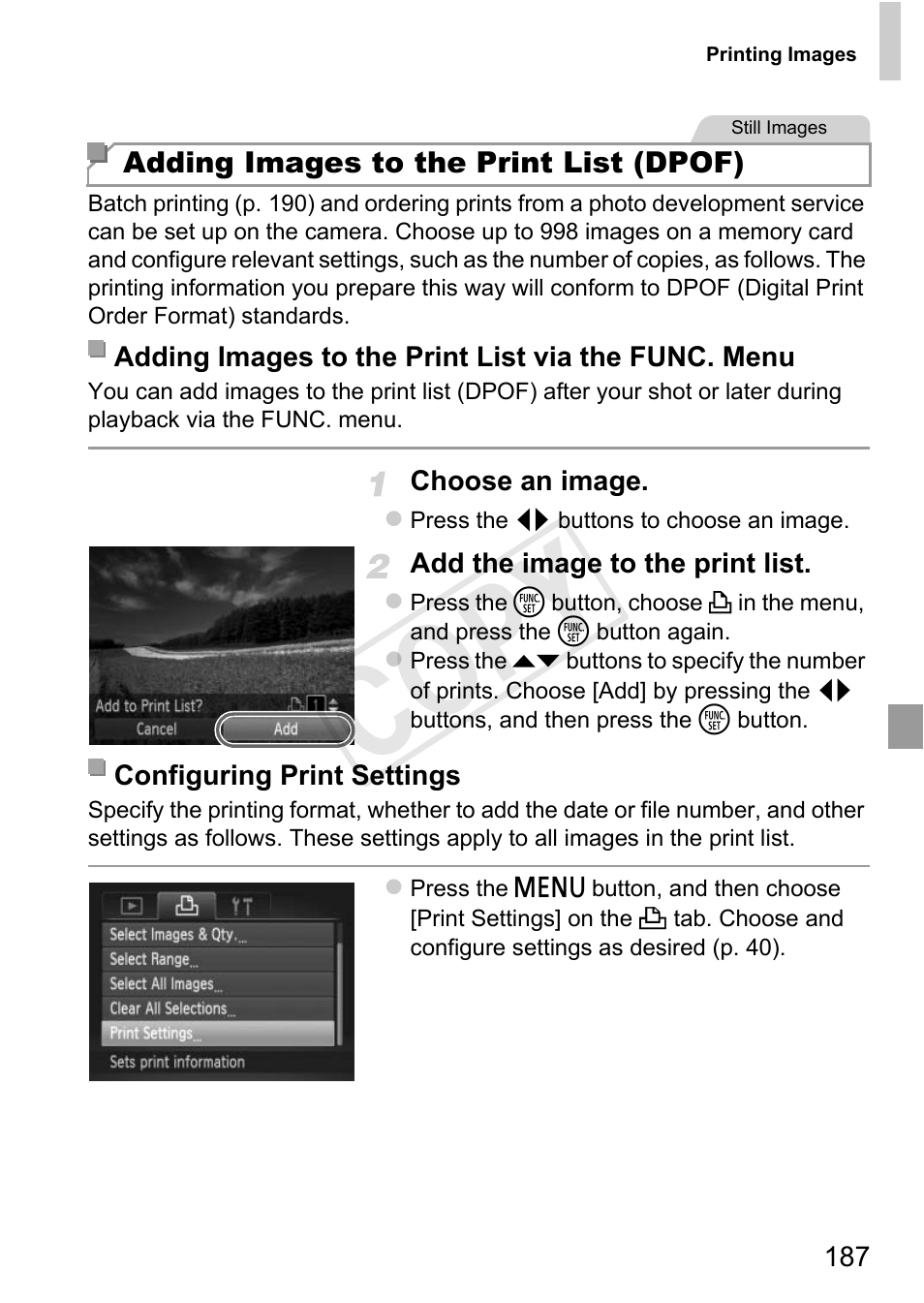 P. 187) to print, G images to the print list (dpof)” (p. 187), Adding images to the print list (dpof) (p. 187) | Cop y | Canon 500 HS User Manual | Page 186 / 217