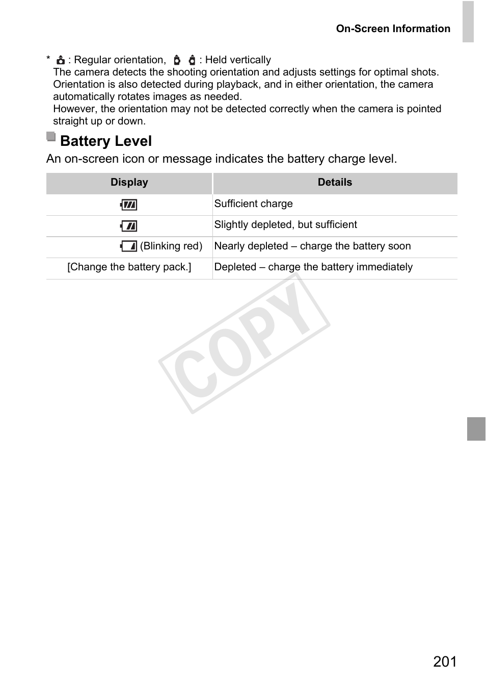 P. 201), Battery level (p. 201), Cop y | Canon 500 HS User Manual | Page 200 / 217