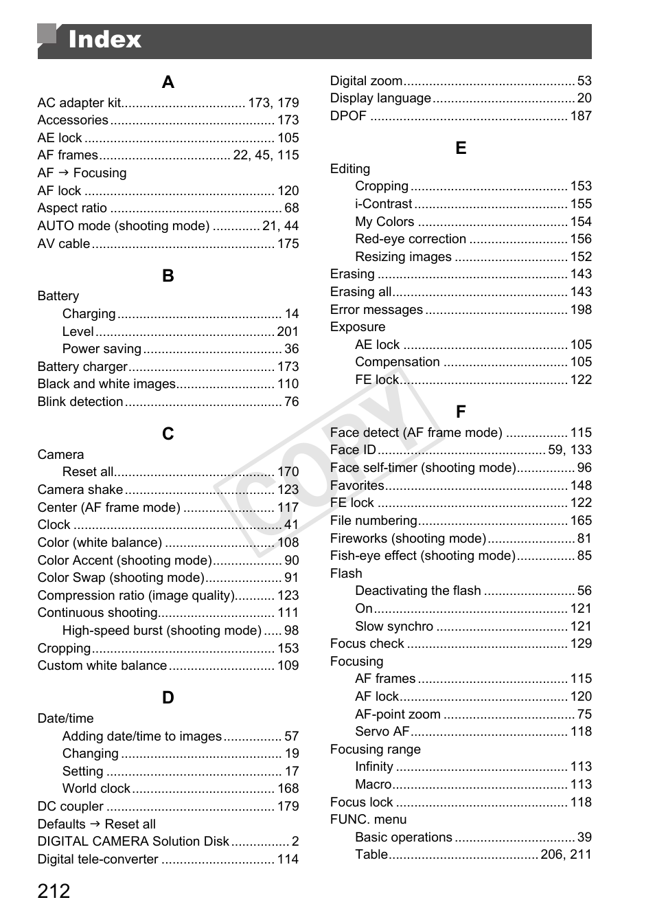 Index, C op y | Canon 500 HS User Manual | Page 211 / 217