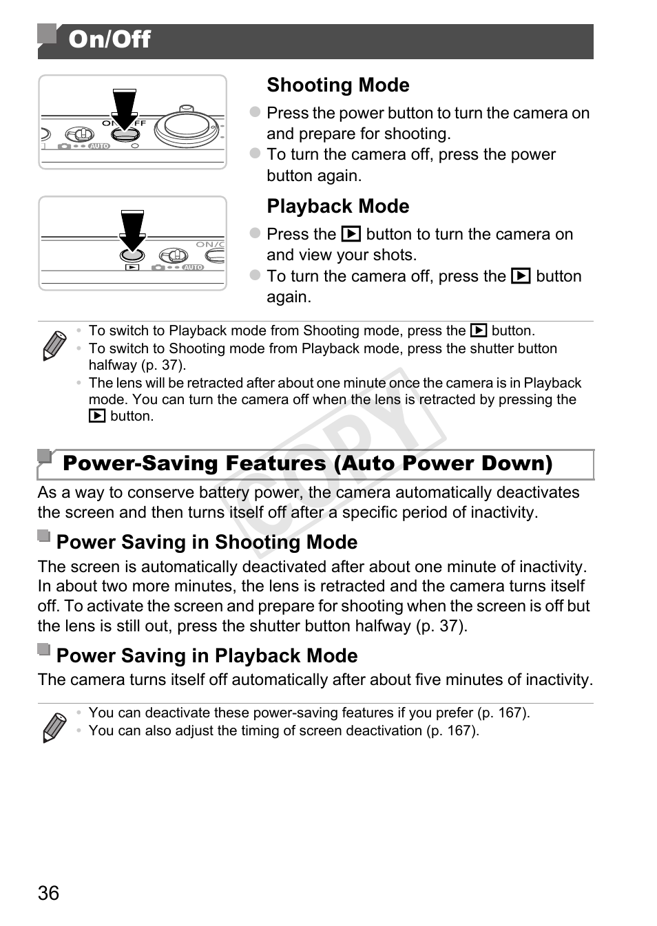 Cop y, On/off | Canon 500 HS User Manual | Page 35 / 217