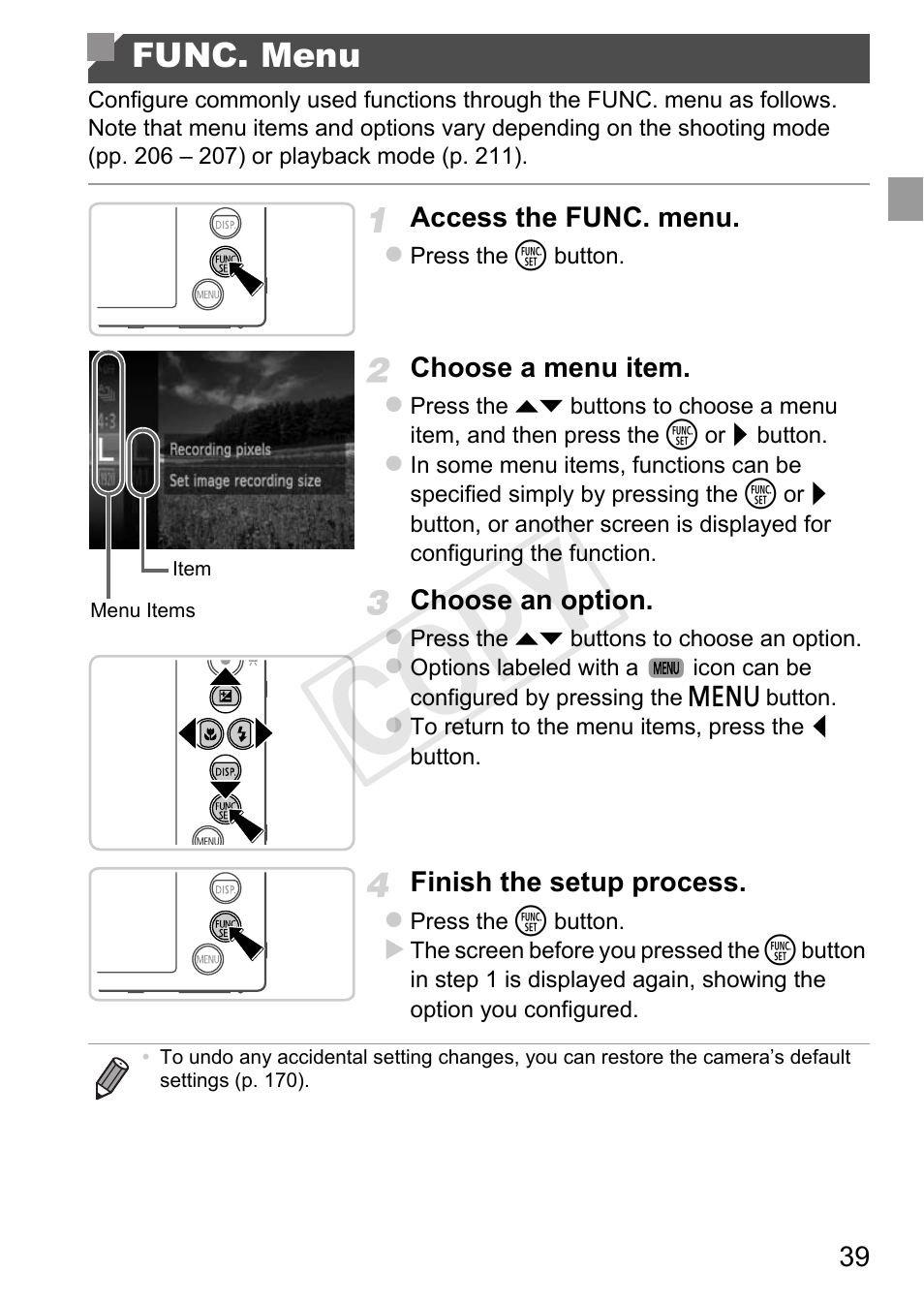 Cop y, Func. menu | Canon 500 HS User Manual | Page 38 / 217
