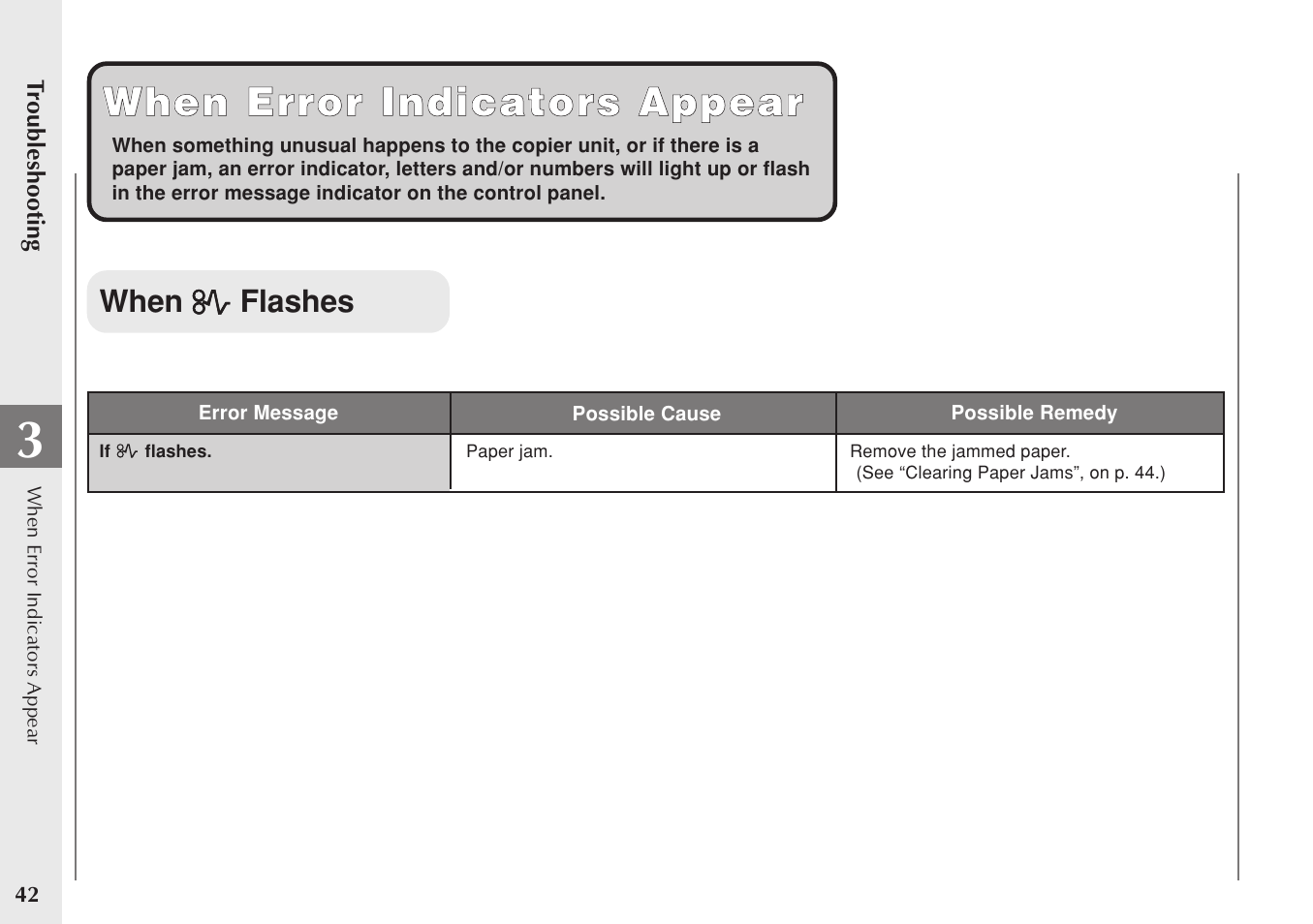 When error indicators appear, When flashes | Canon PC 140 User Manual | Page 44 / 60