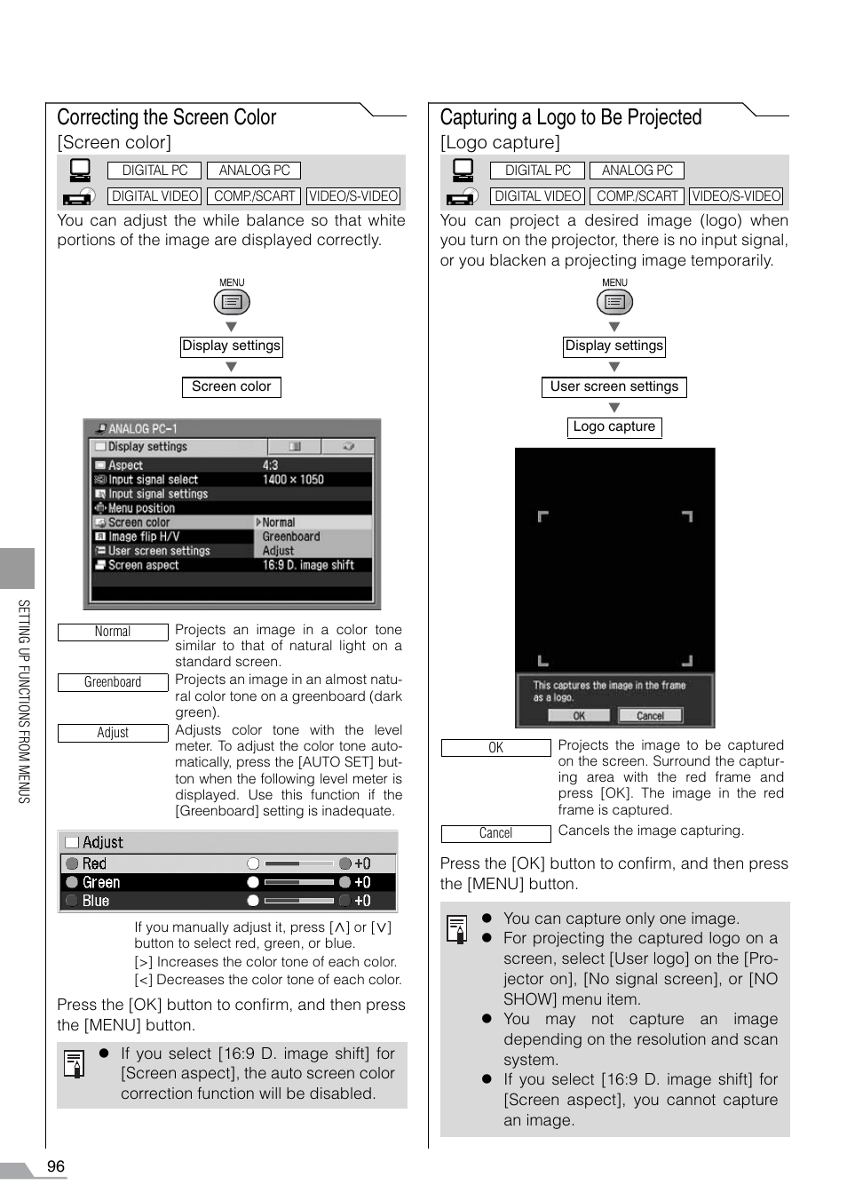 Correcting the screen color, Capturing a logo to be projected, Screen color | Logo capture | Canon REALiS SX60 User Manual | Page 96 / 141