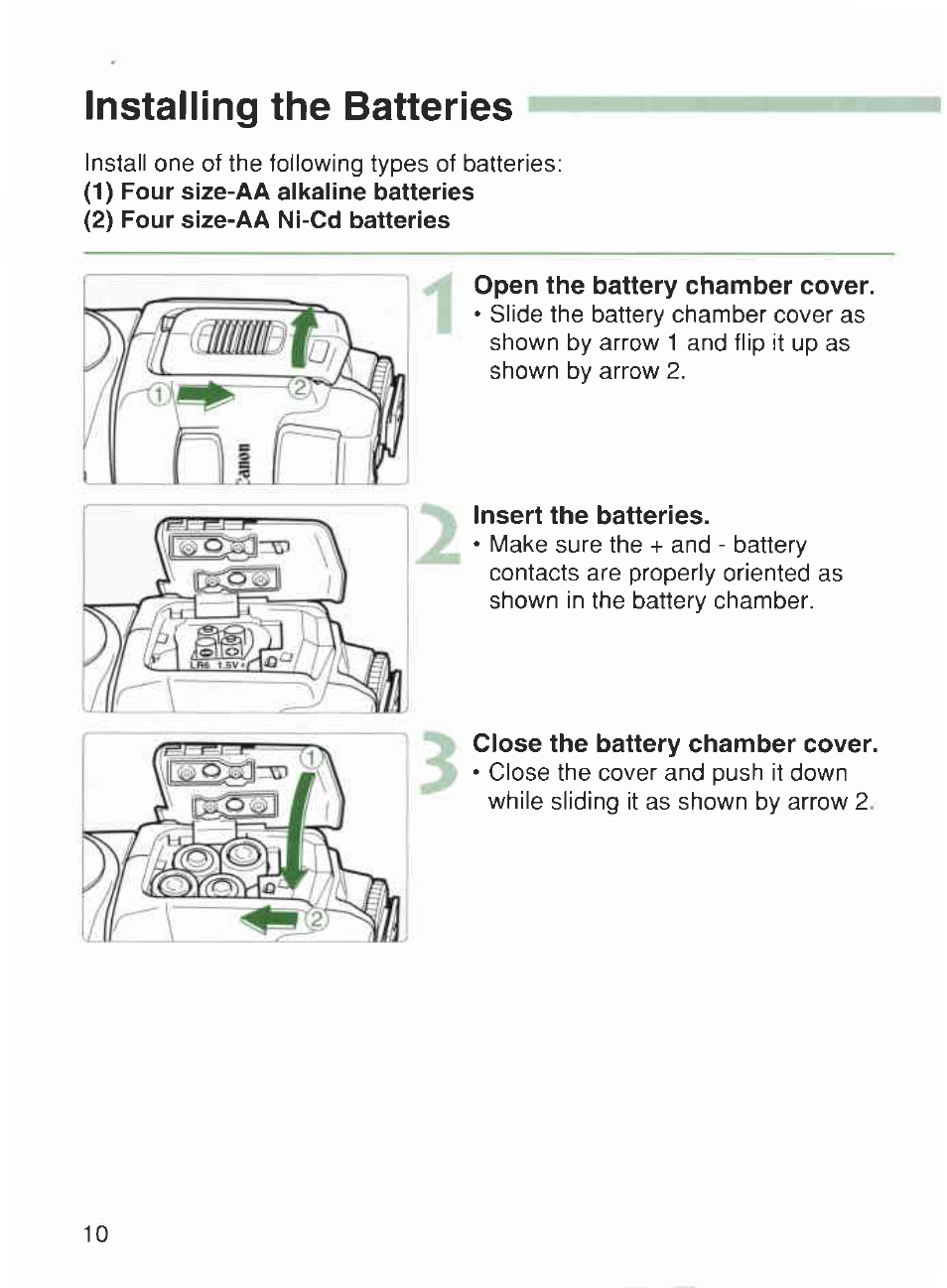Installing the batteries | Canon 420EX User Manual | Page 10 / 56