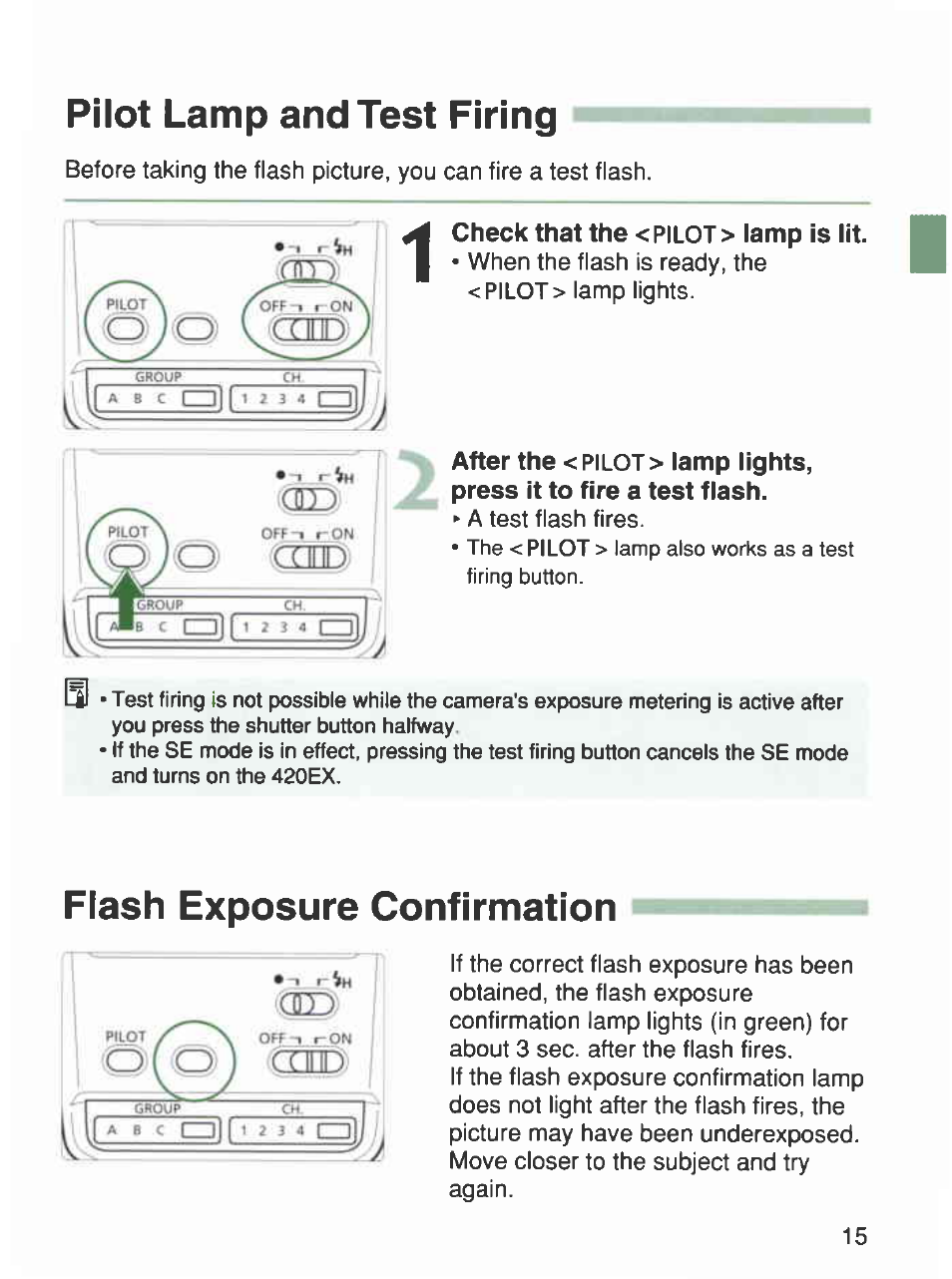 Pilot lamp and test firing, Flash exposure confirmation | Canon 420EX User Manual | Page 15 / 56