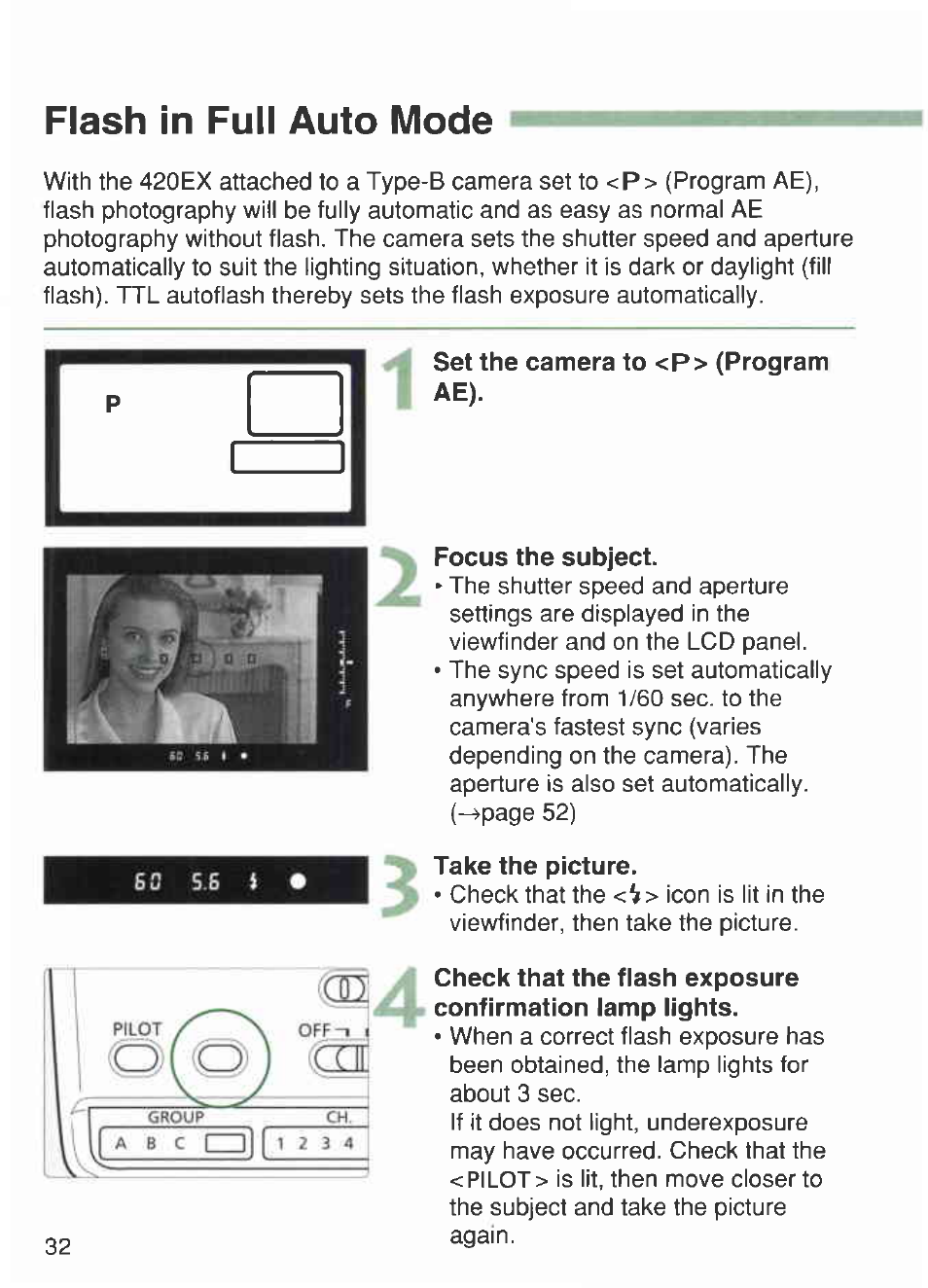 Flash in full auto mode, 6q s.e i | Canon 420EX User Manual | Page 32 / 56