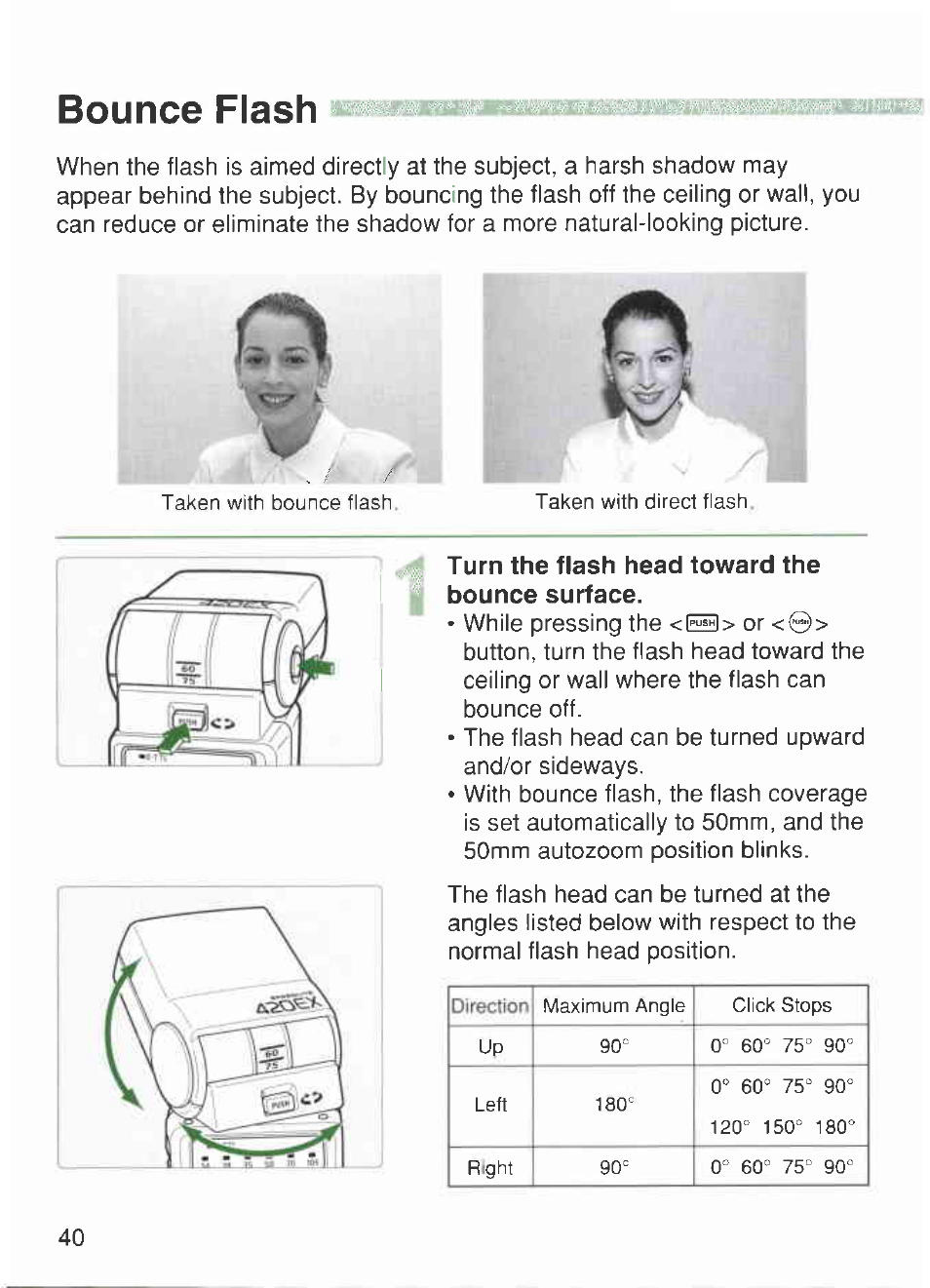 Bouncg fl3sh, Turn the flash head toward the bounce surface | Canon 420EX User Manual | Page 40 / 56