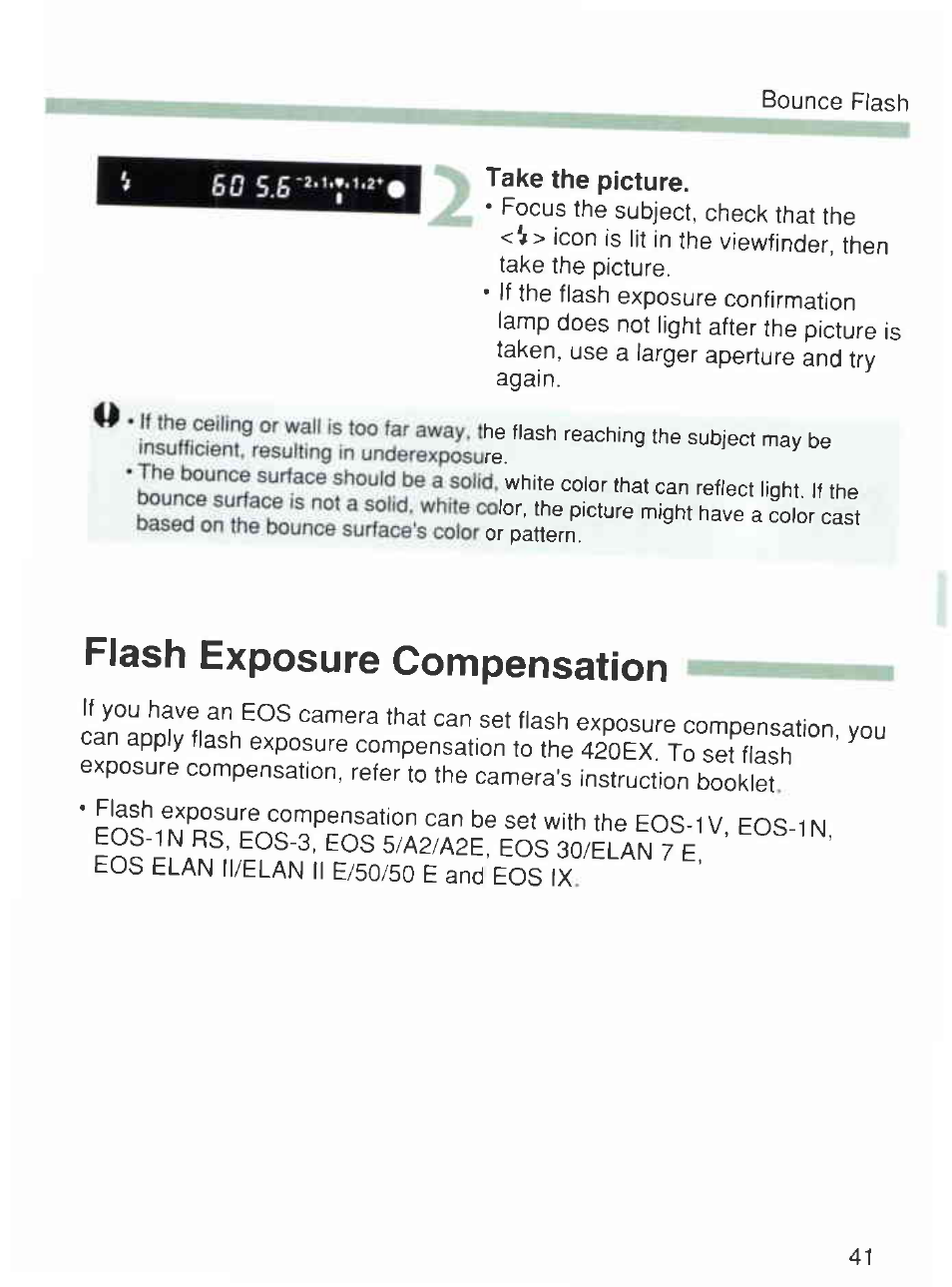 Flash exposure compensation, 5 take the picture | Canon 420EX User Manual | Page 41 / 56
