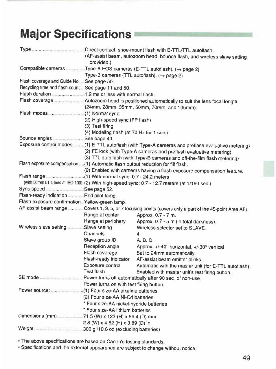 Major specifications | Canon 420EX User Manual | Page 49 / 56