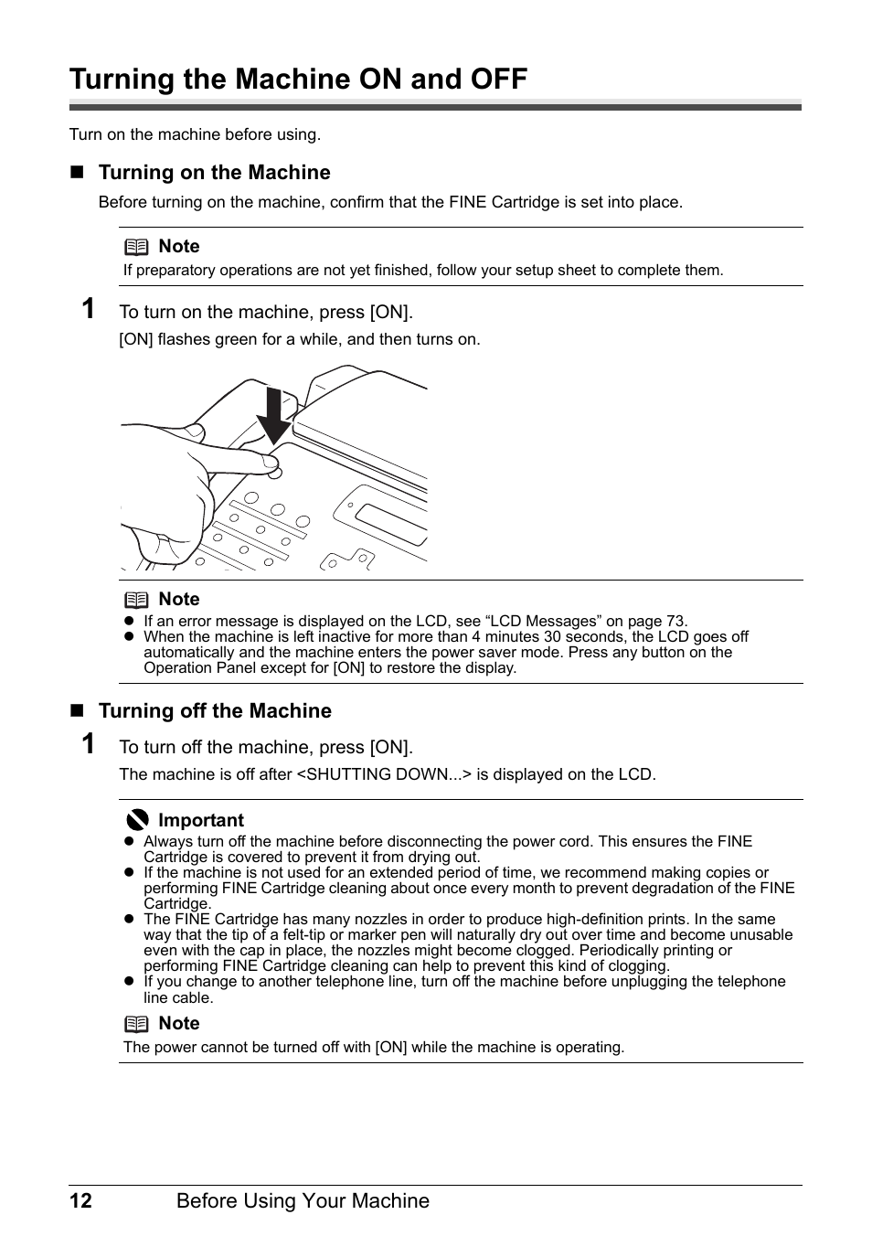 Turning the machine on and off | Canon FAX-JX210P User Manual | Page 13 / 86