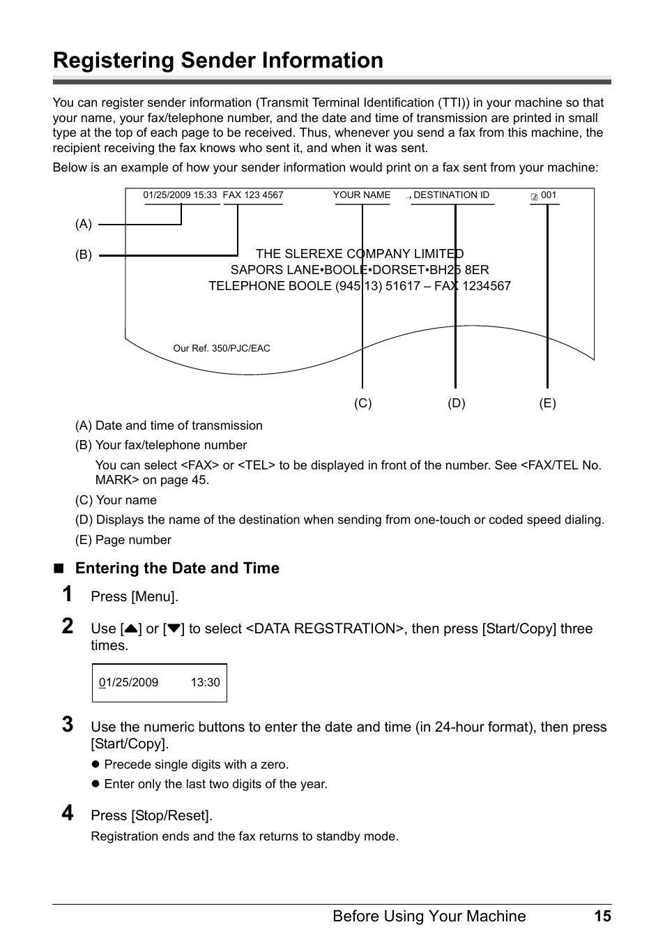 Registering sender information | Canon FAX-JX210P User Manual | Page 16 / 86