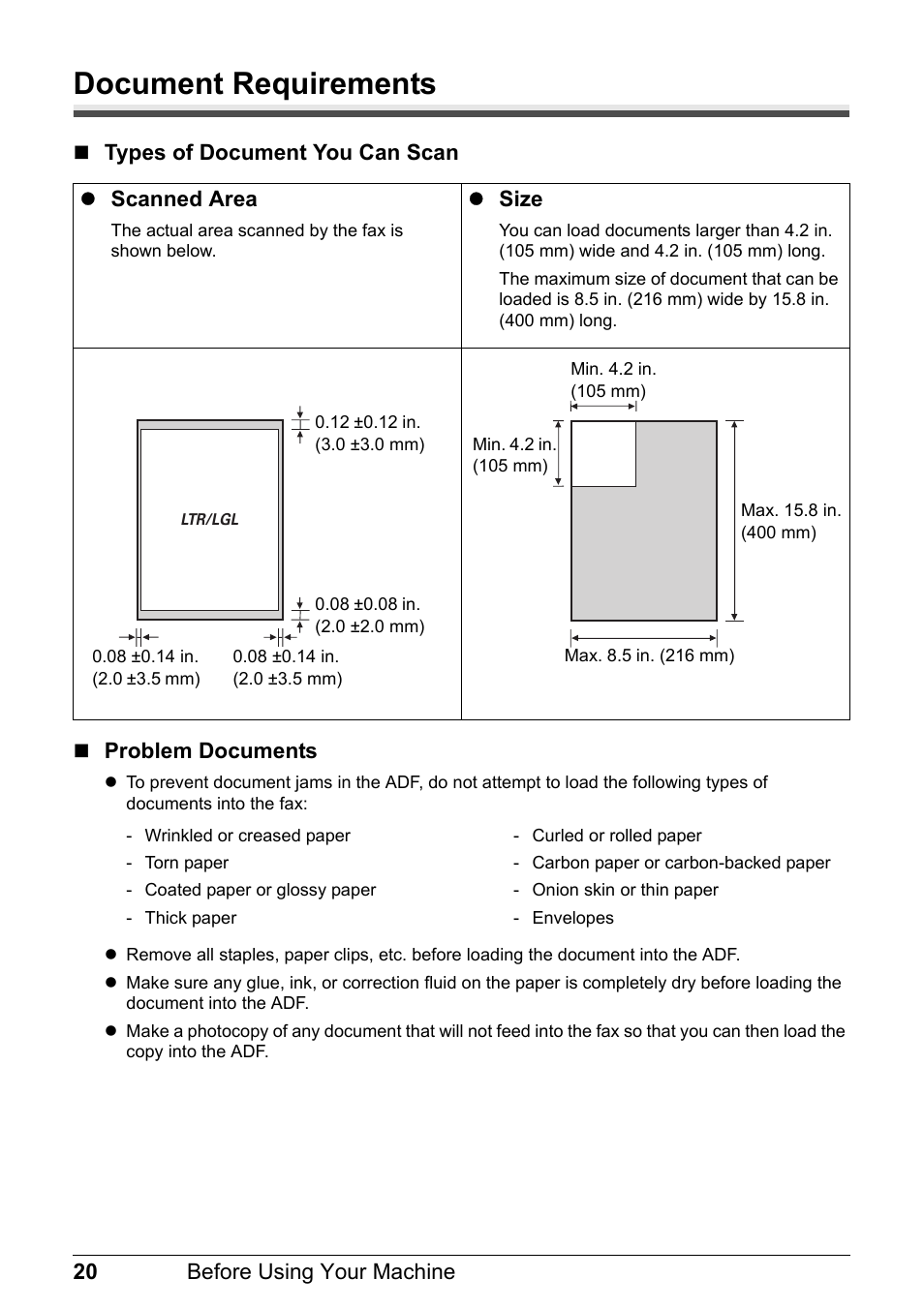 Document requirements | Canon FAX-JX210P User Manual | Page 21 / 86