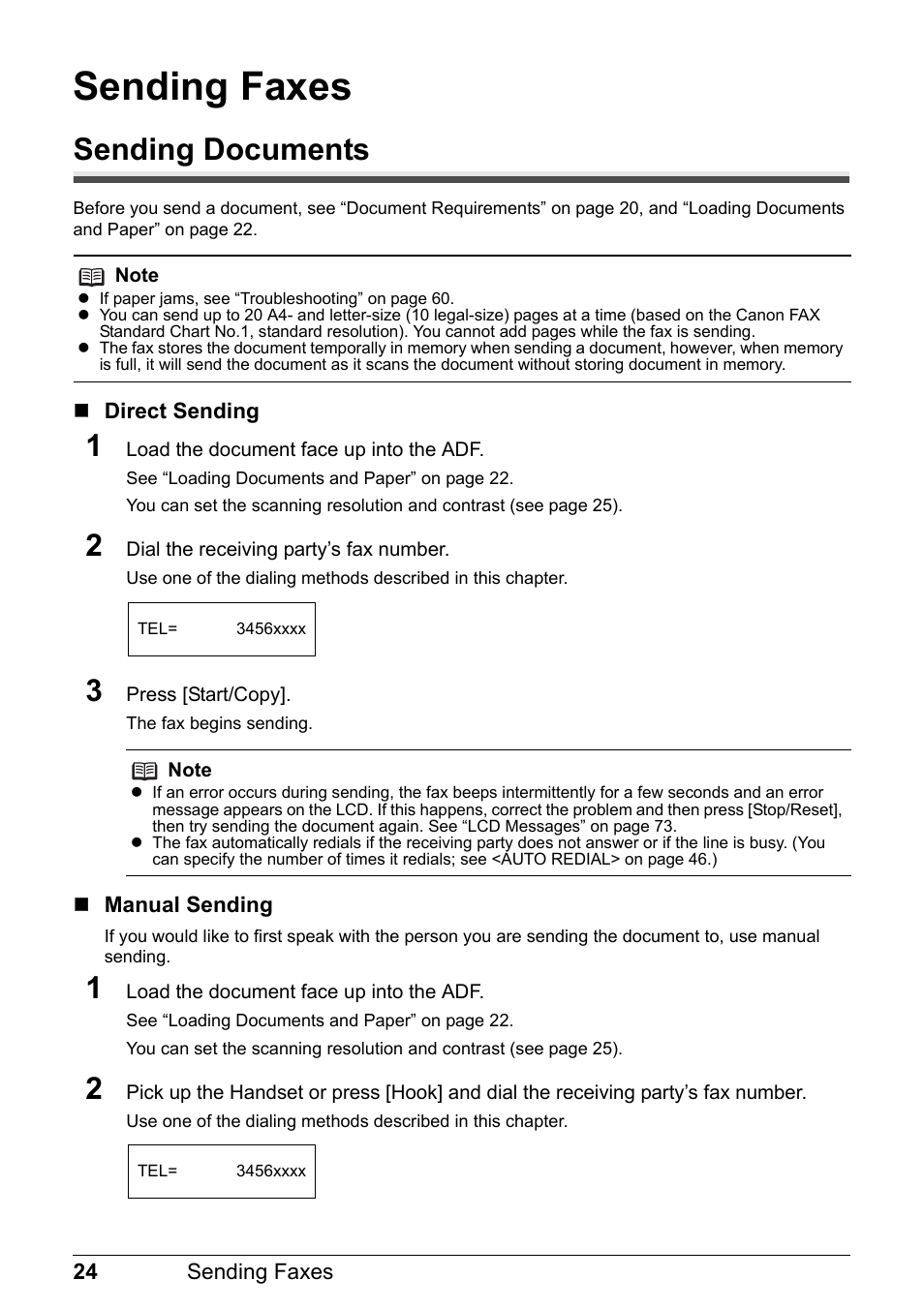 Sending faxes, Sending documents | Canon FAX-JX210P User Manual | Page 25 / 86