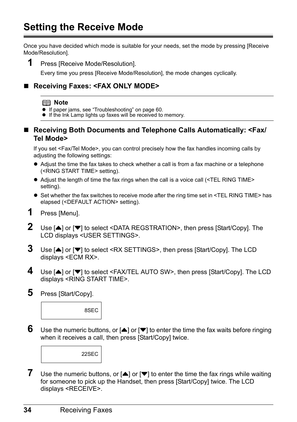 Setting the receive mode | Canon FAX-JX210P User Manual | Page 35 / 86