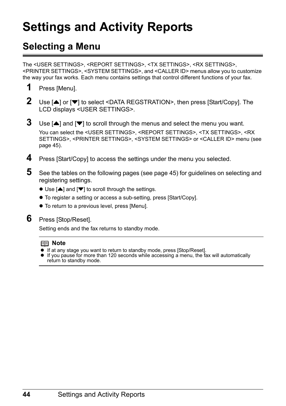 Settings and activity reports, Selecting a menu | Canon FAX-JX210P User Manual | Page 45 / 86