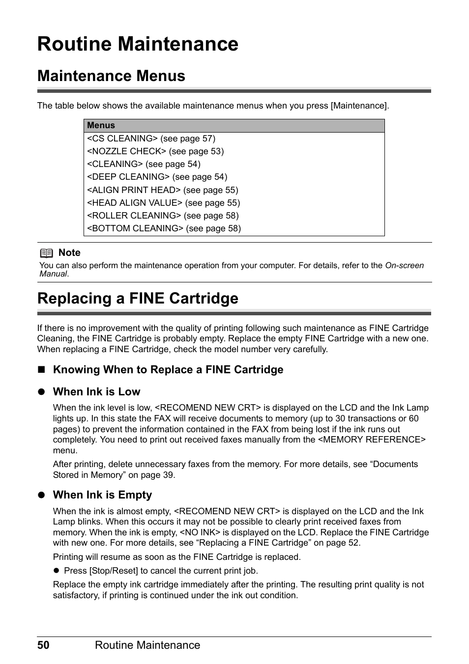 Routine maintenance, Maintenance menus, Replacing a fine cartridge | Canon FAX-JX210P User Manual | Page 51 / 86