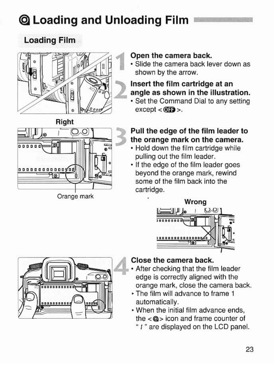 Loading and unloading film, Loading film | Canon EOS 7 User Manual | Page 23 / 108