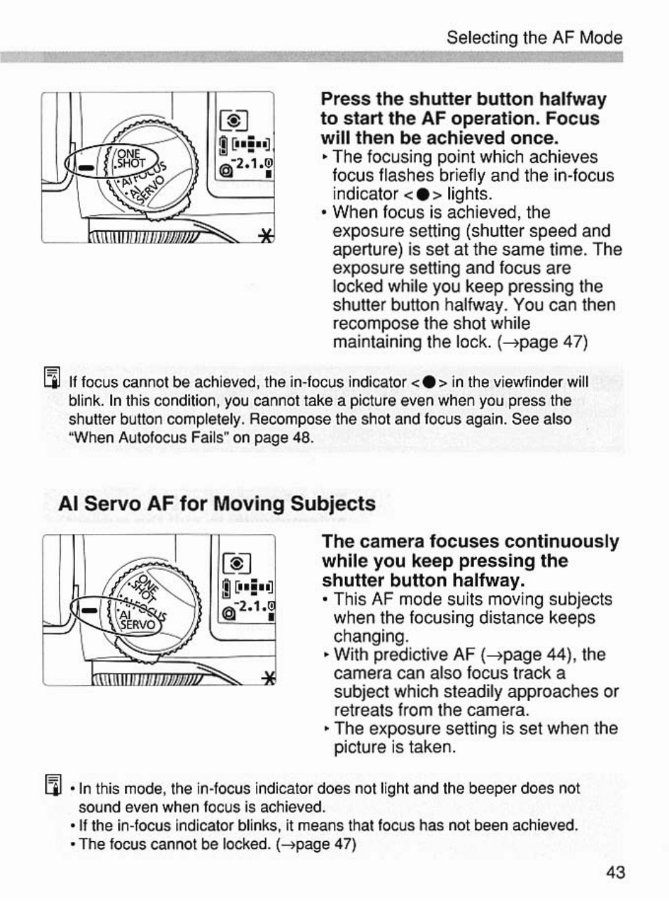 Ai servo af for moving subjects | Canon EOS 7 User Manual | Page 43 / 108