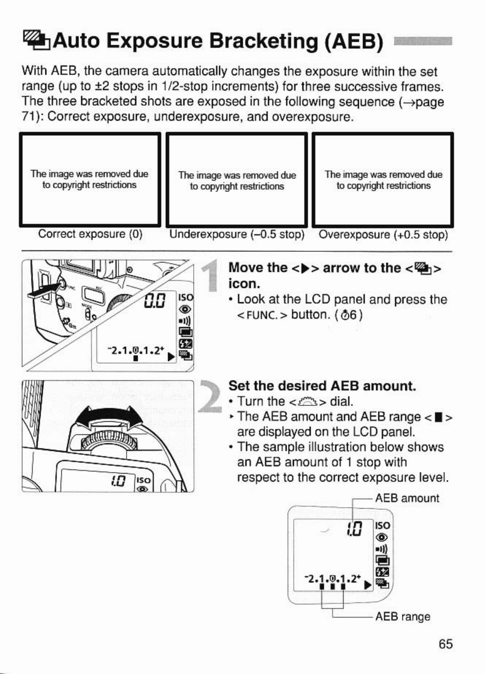 Auto exposure bracketing (aeb) | Canon EOS 7 User Manual | Page 65 / 108