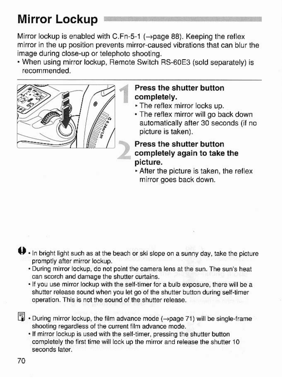 Mirror lockup | Canon EOS 7 User Manual | Page 70 / 108